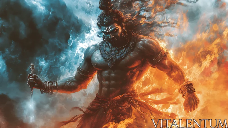 Mythic warrior strides through fire and storm in fury