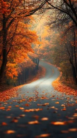 Curving forest road winds through misty golden autumn light