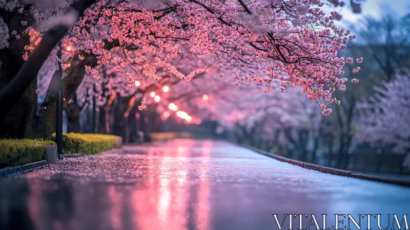Gentle cherry blossom lane glowing after soft spring rain.