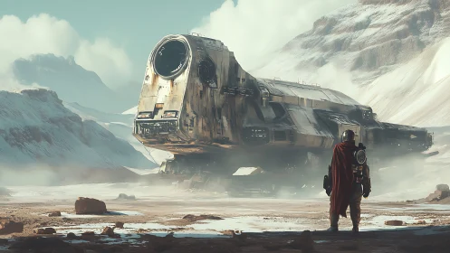 Lone explorer quietly studies a weathered starship at rest