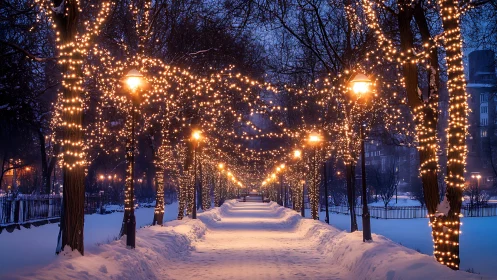 Snowlit promenade wrapped in golden winter fairy lights.