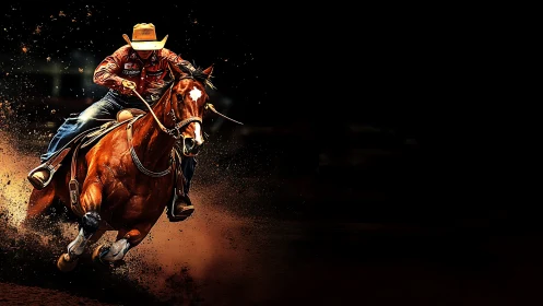 Cowboy on galloping horse against dark arena background.