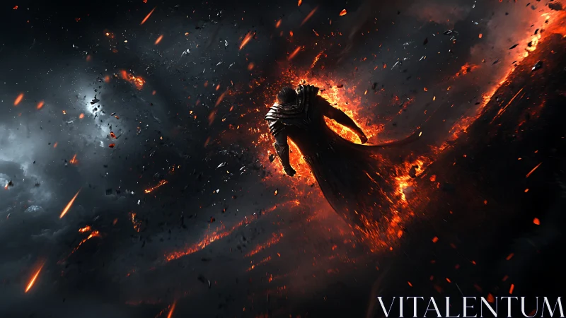 Volcanic singularity warrior in incandescent detonation field.