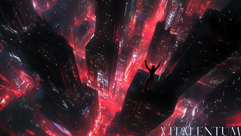 Reaching for the neon sky above a glowing cyber city.