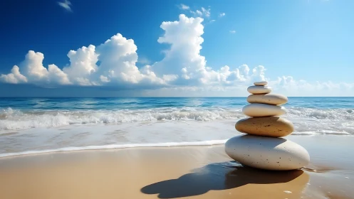 Balanced stone cairn rests serenely on a sunlit ocean shore