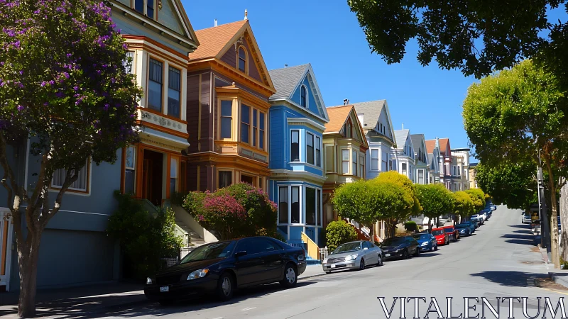 Victorian row houses with colorful facades on sunlit street.