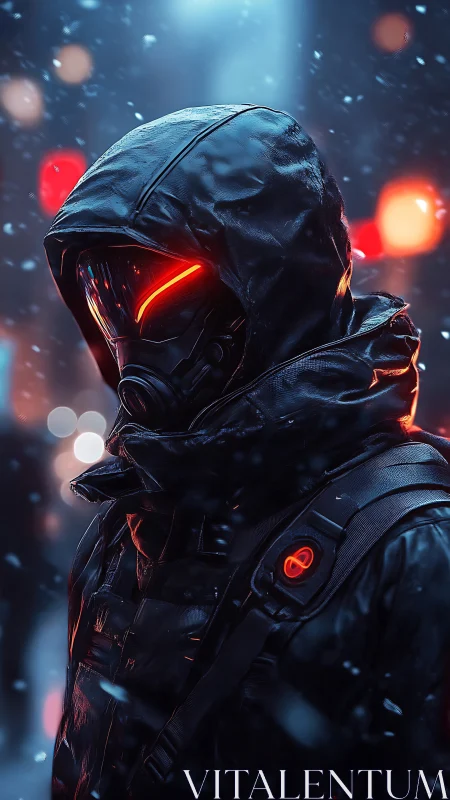 Hooded cybernetic operative stands in neon snowfall at night
