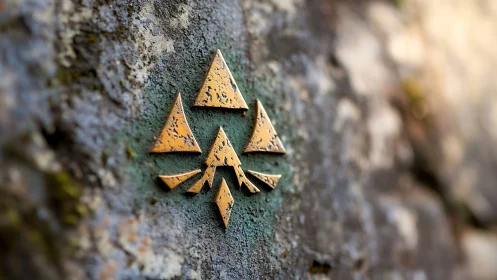Weathered gold triangles rest quietly on an aged stone wall
