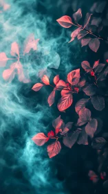 Vivid pink foliage drifts beside swirling teal smoke forms.