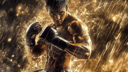 Golden Boxer Ready: Dynamic Combat Stance in Luminous Effect.