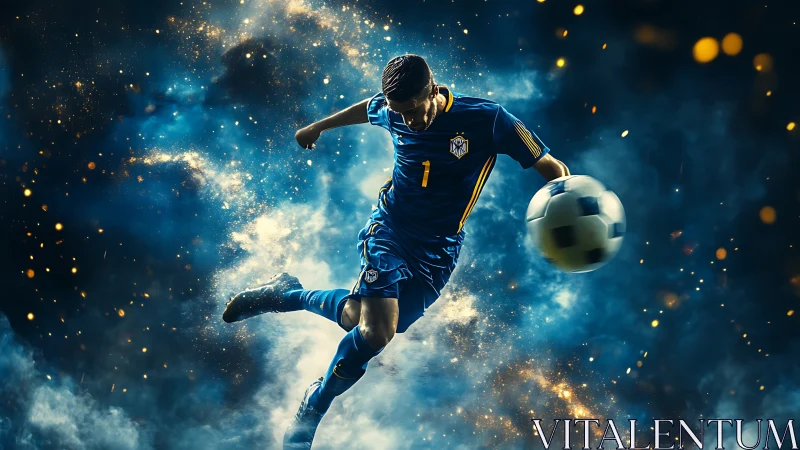 Photorealistic cosmic soccer striker in dynamic mid‑air motion.