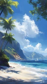 Tropical Coastal Landscape with Mountain Cliffs and Sailboats