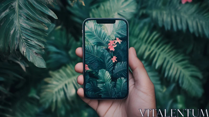 Hand holding smartphone displaying tropical foliage wallpaper