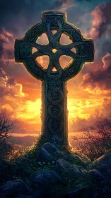 Celtic stone cross tower against blazing sunset sky.