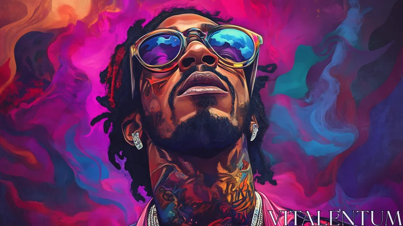 Neon-hued digital portrait renders a reflective urban icon