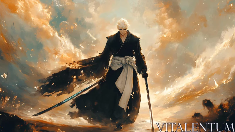 Stormlit swordsman walks forward with calm, steady resolve