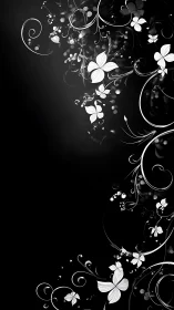 Monochrome floral vines with butterflies on black field.