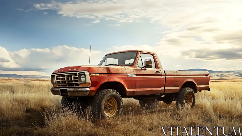 Sunlit vintage pickup truck waits patiently in golden fields