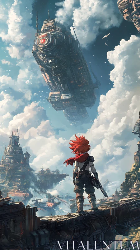 Red-haired scout surveys colossal airship in floating sky city