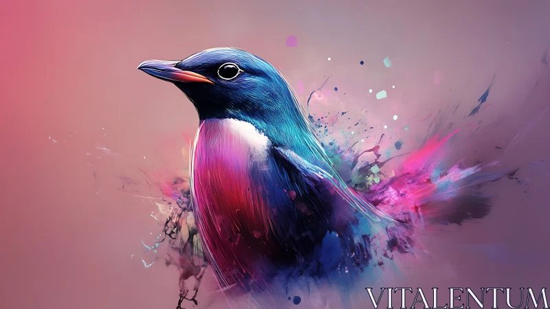 Colorful digital bird portrait with abstract paint bursts.