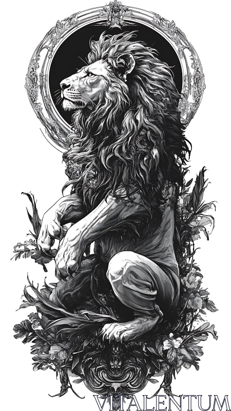 Regal lion rests in ornate floral frame with quiet strength
