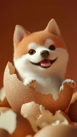 Playful puppy hatches from speckled egg in warm light