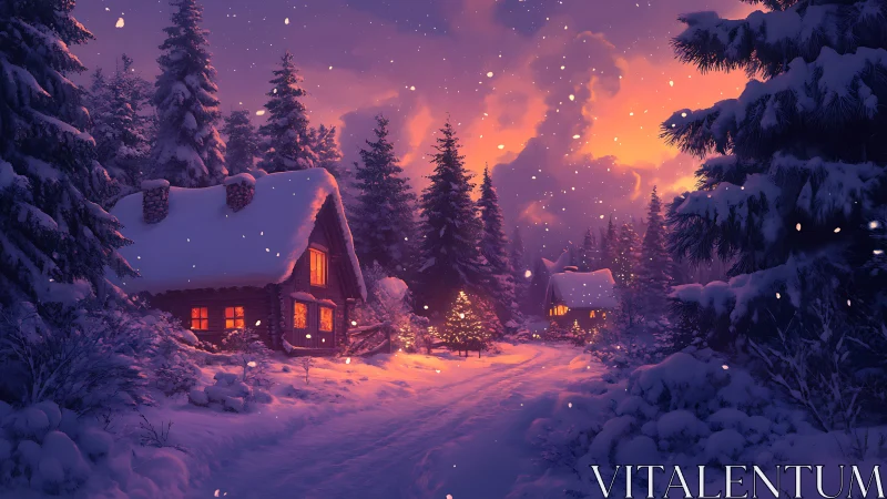 Digital painting of winter cabin village at golden dusk.