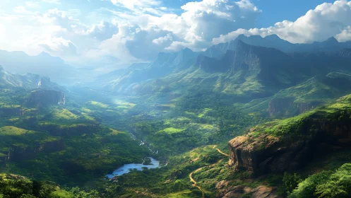 Sunlit tropical valley with misted mountain escarpments and lake