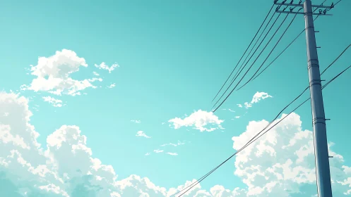 Utility pole and power lines intersect clear cyan sky