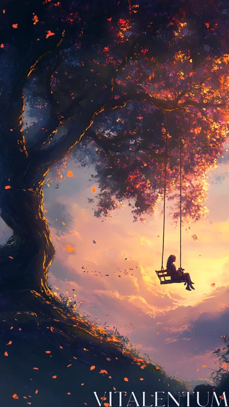 Girl on twilight swing under luminous autumn tree canopy.