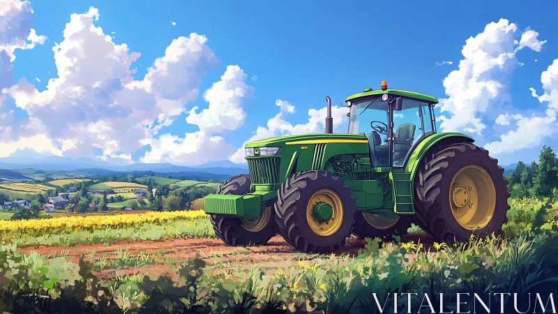 Green giant tractor resting under candy-cloud farm skies.