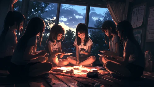 Group of girls sits around card game in dim interior light