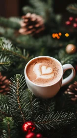 White cup of cocoa with heart foam among fir branches.