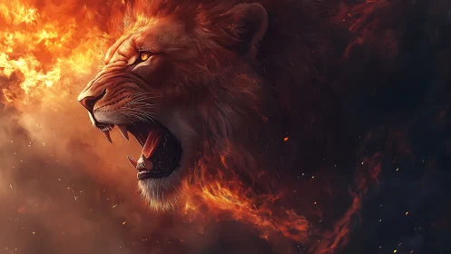 Blazing lion roar carved from wildfire and midnight smoke.