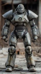 Battle-worn humanoid power armor stands in ruined landscape