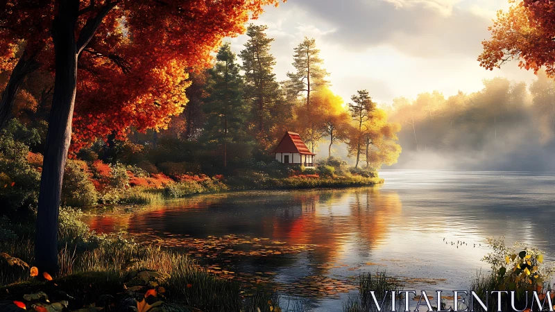 Cozy lakeside cabin glowing amid peaceful autumn woods.