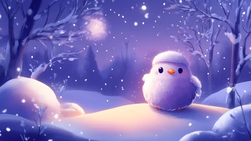 Snowy puffball chick under violet winter moonlight glow.
