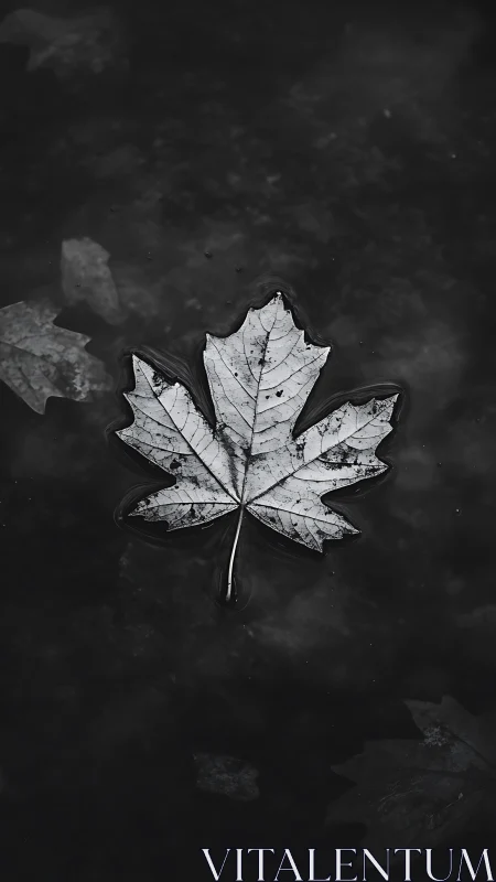 Single maple leaf floating on still dark water surface.