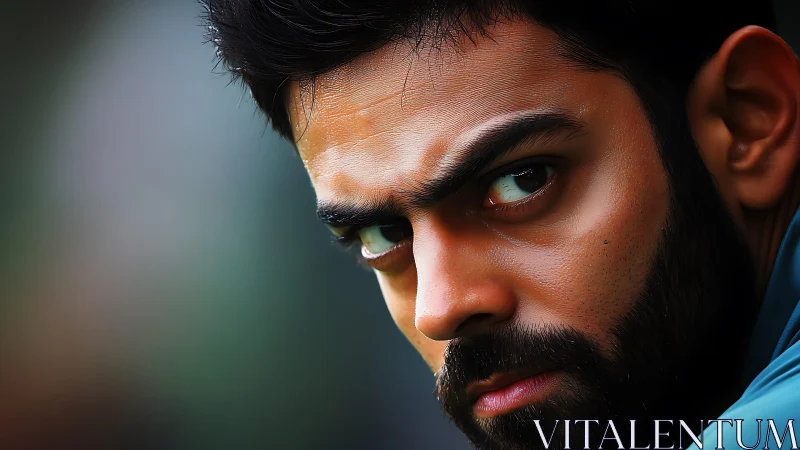 Focused bearded man with intense, determined gaze.