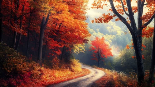 Winding Forest Road Through Autumn Foliage with Dramatic Golden Lighting.