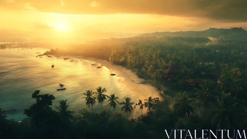 Tropical Coastline at Golden Hour. Aerial drone perspective.