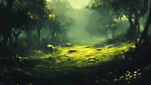 Forest clearing with dramatic golden sunlight penetrating dense canopy structure.