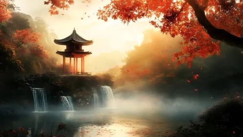 Autumn pagoda above twin waterfalls in misty valley.