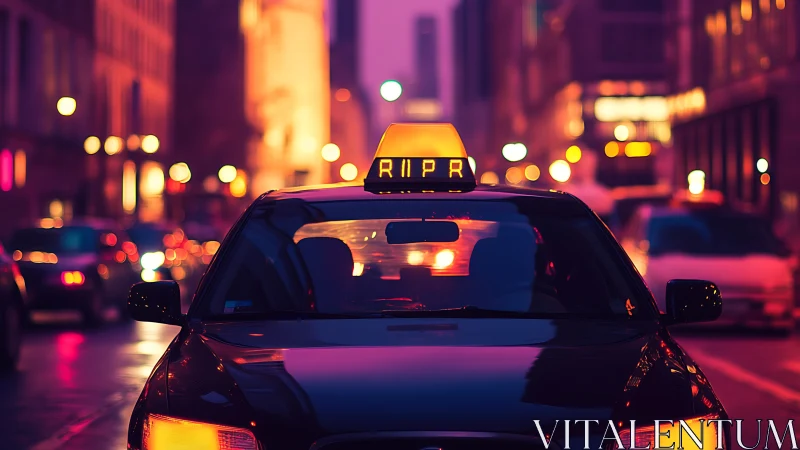 Neon-lit urban taxi front view under cinematic dusk glow.