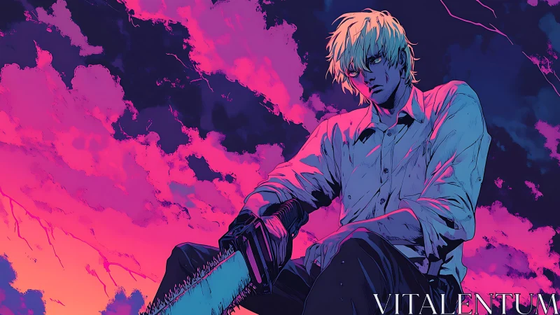 Blond anime man with chainsaw against neon storm sky.