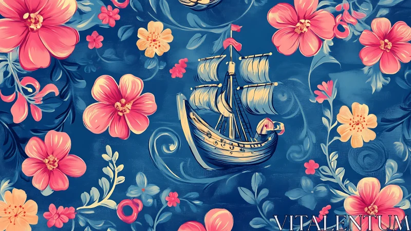 Sailing ship illustration placed among stylized floral motifs