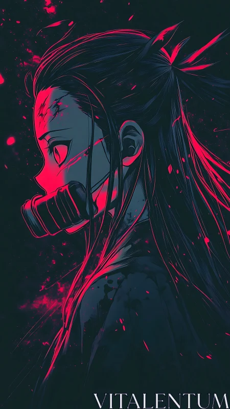 Side profile anime figure with muzzle in neon lighting.