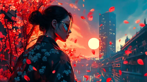 Cyberpunk geisha silhouette against neon dusk skyline panorama.