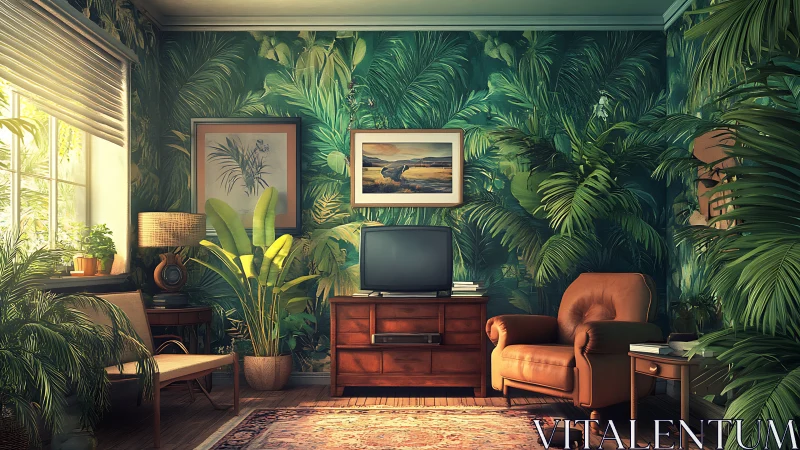 Tropical living room with lush plants and vintage TV set.