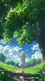 Backlit anime girl walks under verdant canopy on sunlit path
